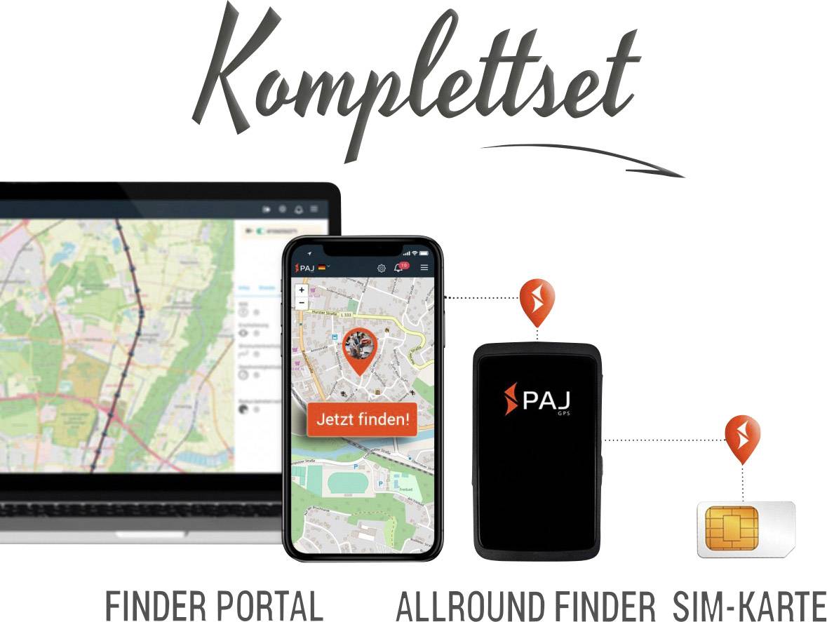 Zestaw kompletny pokazuje portal wyszukiwawczy na laptopie, smartfonie z napisem 'Znajdź teraz!', oraz wielofunkcyjne urządzenie lokalizacyjne z kartą SIM.