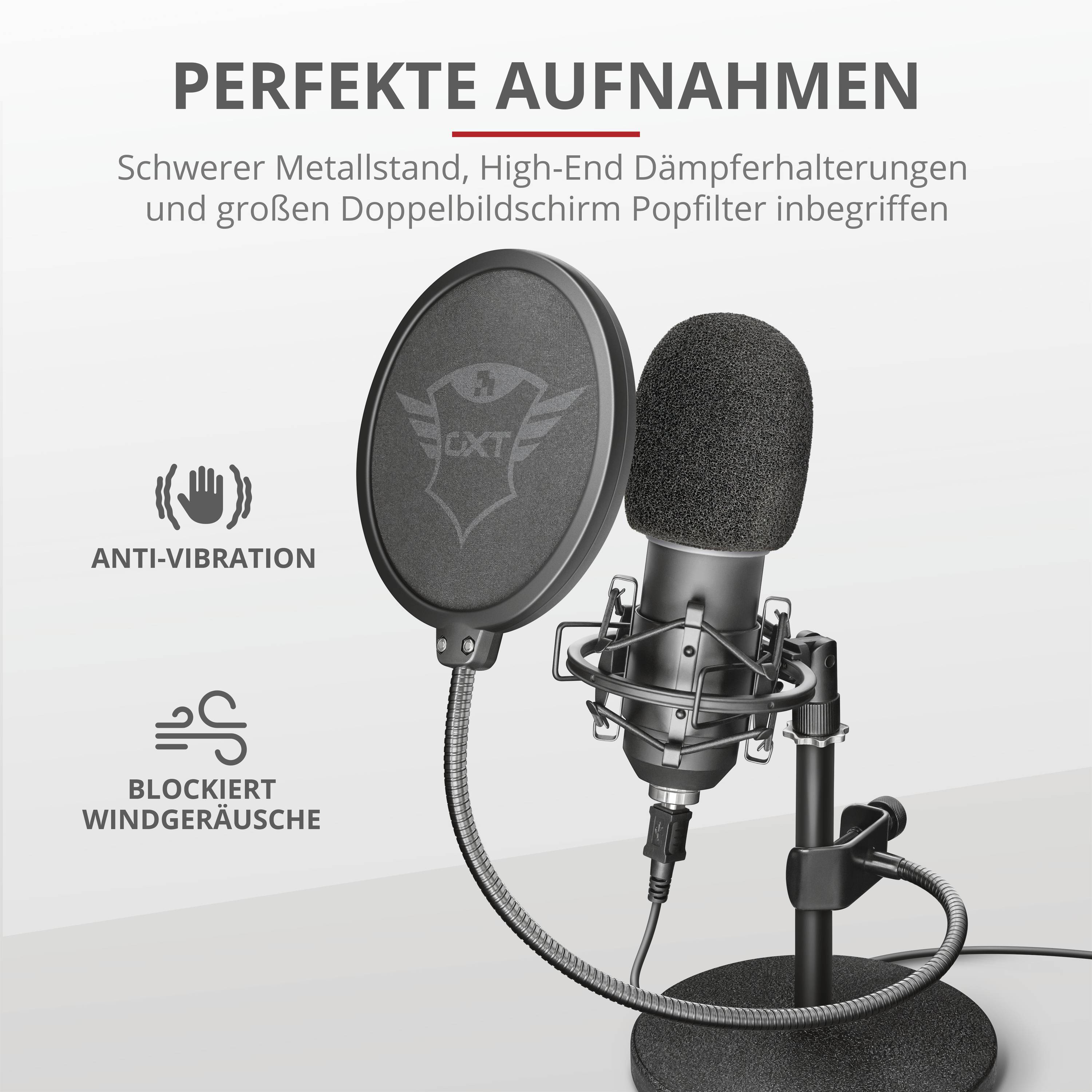 Mikrofon z filtrem przeciwwybuchowym i podstawką. Odpowiedni do streamingu, nagrywania podcastów i nagrań akustycznych. Funkcje: kardioidalny, kabel 1,8 m, funkcja Plug & Play.