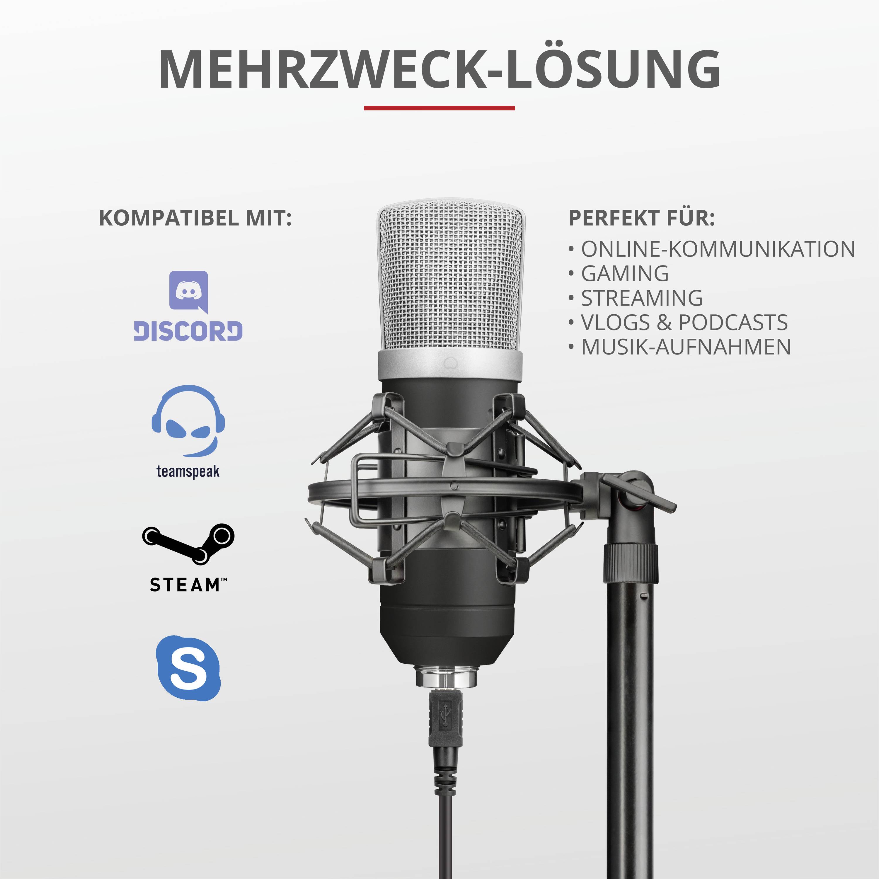Projekt mikrofonu z tekstem powyżej: 'Rozwiązanie wielozadaniowe'. Po lewej stronie logotypy Discord, TeamSpeak, Steam, Skype. Po prawej stronie obszary zastosowań: komunikacja online, gaming, streaming, vlogi i podcasty, nagrania muzyczne.