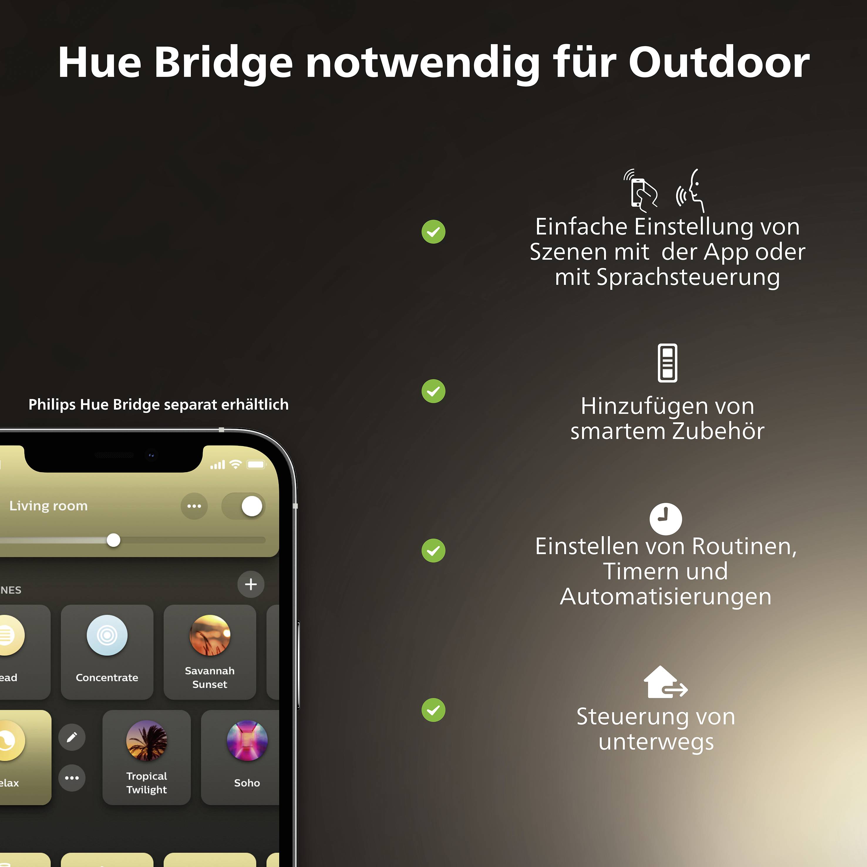 'Philips Hue Bridge wymagany do użytku na zewnątrz'. Smartfon z aplikacją Philips Hue wyświetla sceny takie jak 'Sawanna' i 'Tropikalny Zmierzch'. Funkcje: sterowanie głosowe, automatyzacja, inteligentne sterowanie.