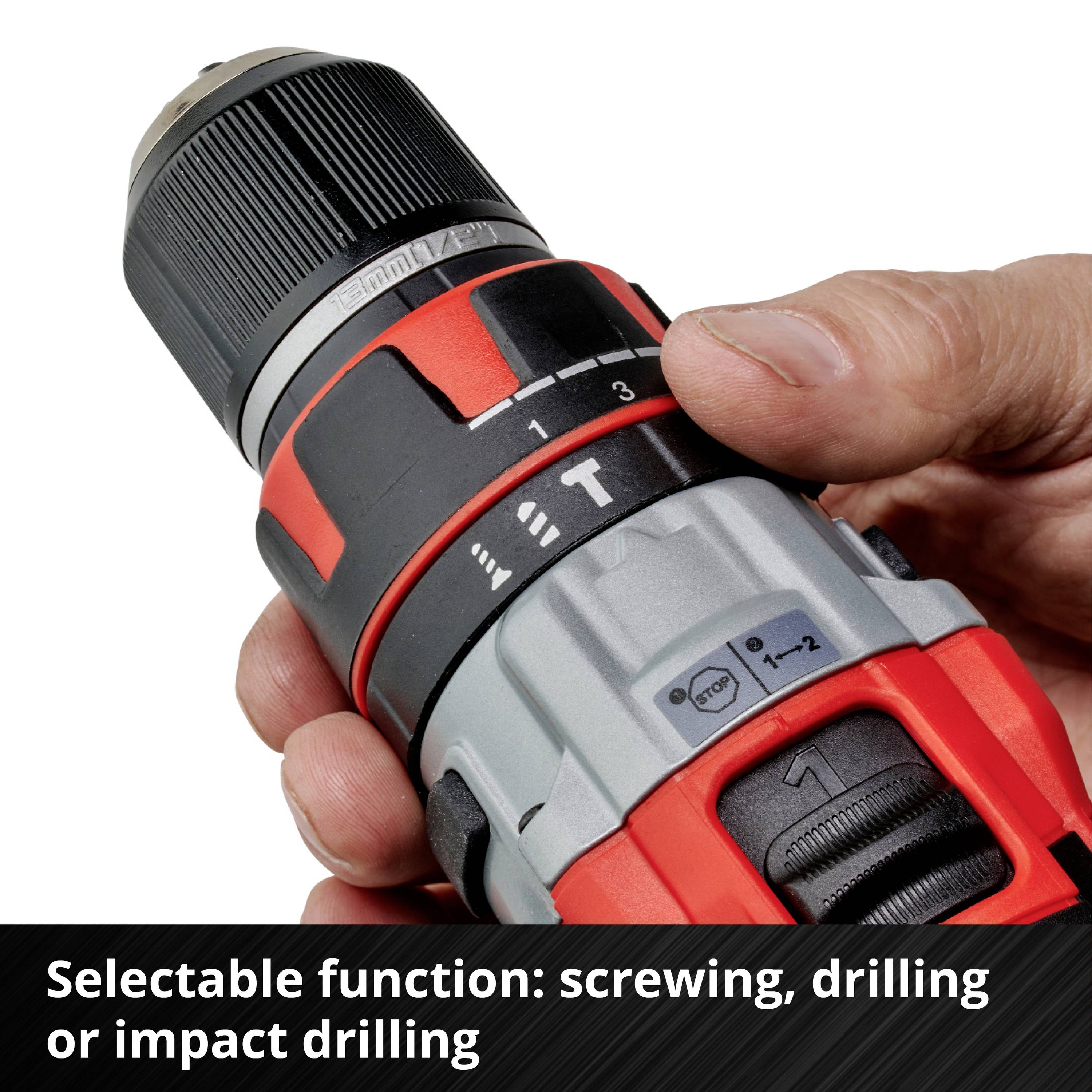 Akumulatorowa wiertarka z możliwością zmiany kierunku obrotów, trzymana w jednej ręce. Tekst: 'Wybieralna funkcja: wkręcanie, wiercenie lub wiercenie udarowe'.
