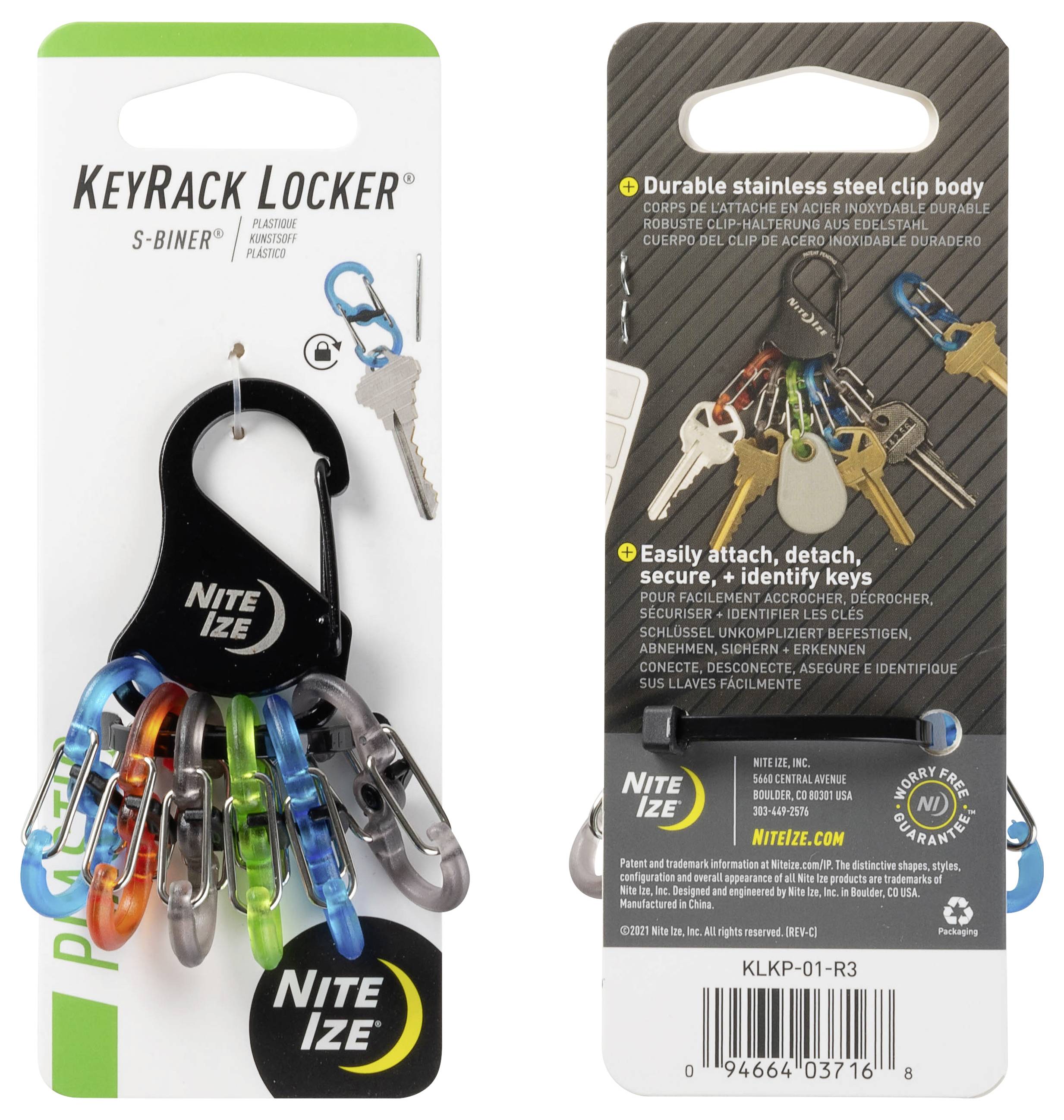 Widok z przodu i tyłu 'Nite Ize KeyRack Locker'. Z przodu widoczne są kolorowe klipsy z kluczami; z tyłu podświetlone są funkcje: bezpieczne przypinanie/odpinanie kluczy.