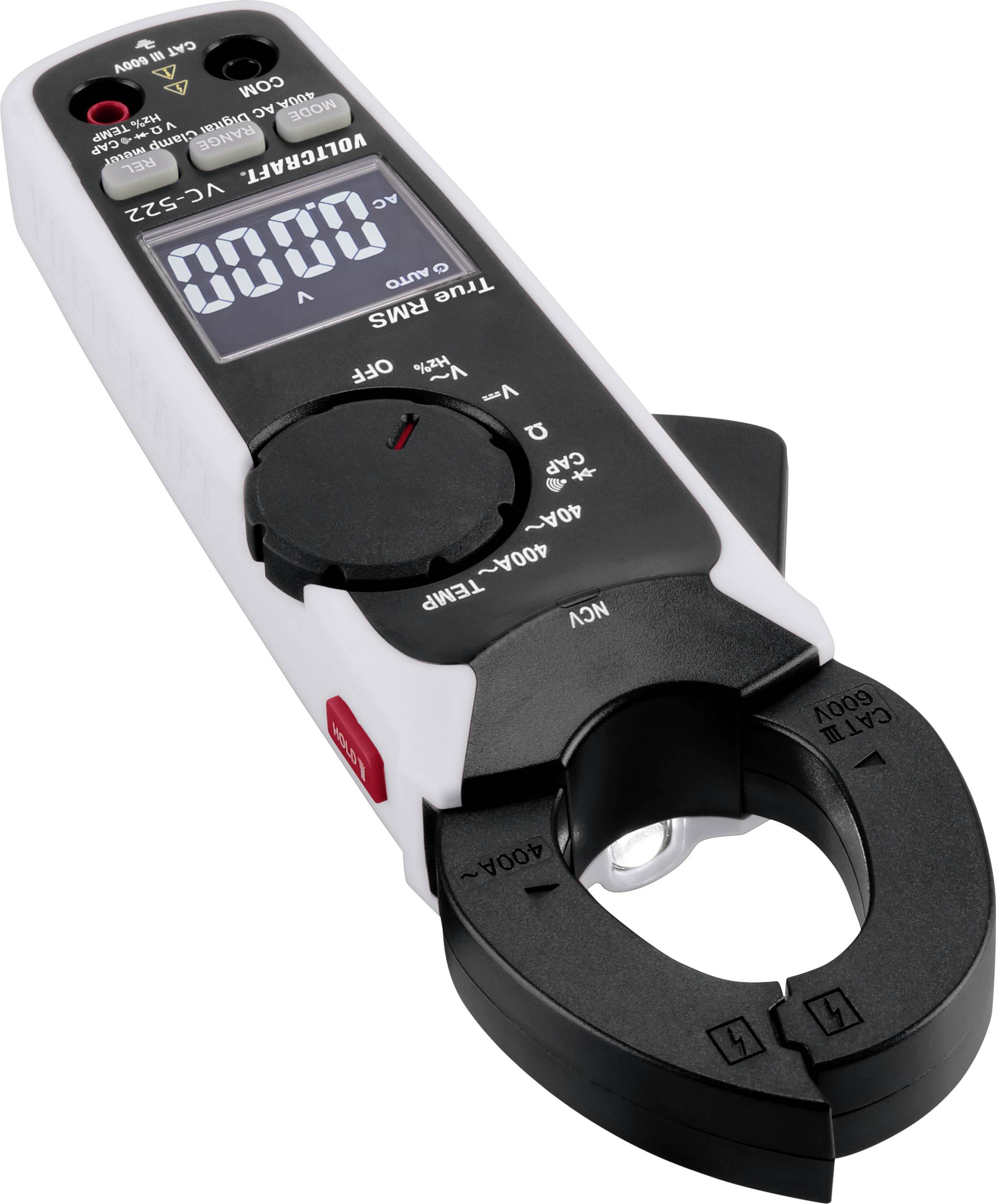 Cęgowy miernik prądu z wyświetlaczem cyfrowym, wskazujący '000.0'. Pokrętło do wyboru różnych zakresów pomiarowych. Logo producenta widoczne u góry.