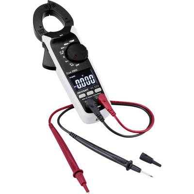 Cyfrowy miernik elektryczny z funkcją cęgową i wyświetlaczem, wskazujący '00.00 V'. Dwa przewody pomiarowe, czerwony i czarny, są podłączone.