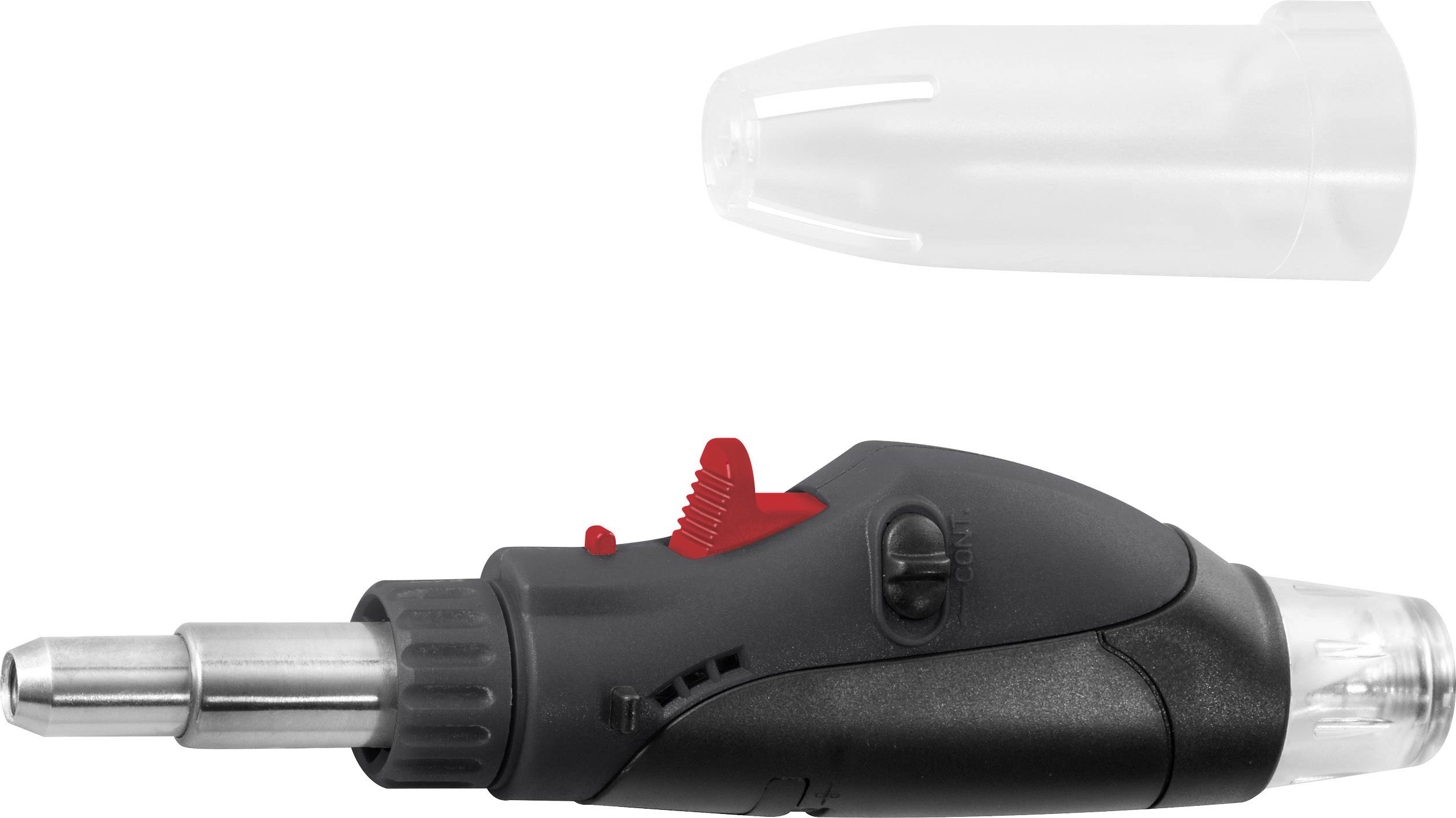 Czarny, przenośny lutownik gazowy z zdejmowaną przezroczystą pokrywą ochronną, odpowiedni do precyzyjnych prac lutowniczych.