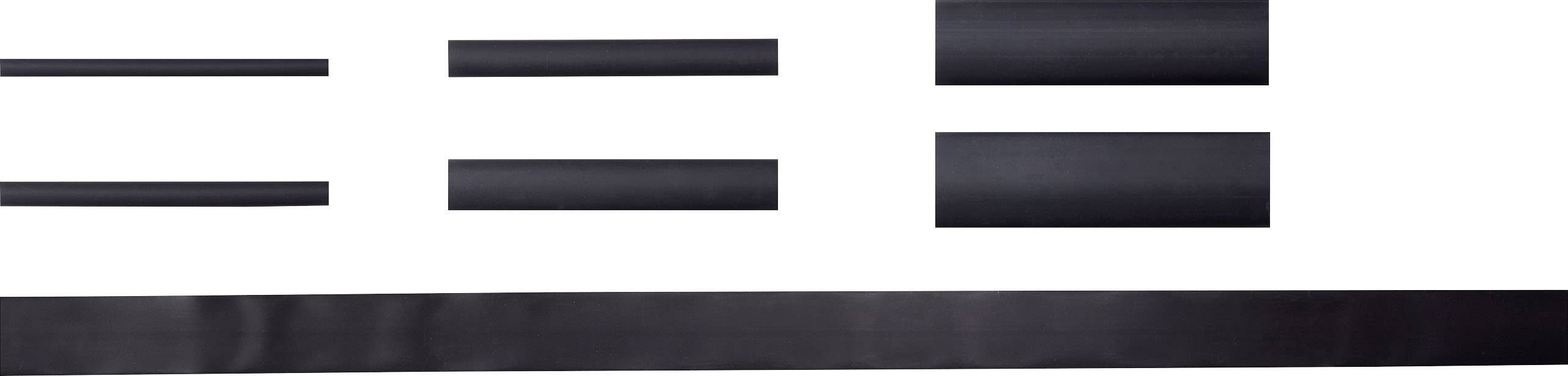 Czarne termokurczliwe rurki ułożone obok siebie w różnych rozmiarach, odpowiednie do izolacji przewodów i zabezpieczeń.