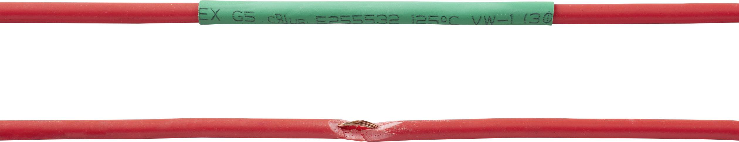 Czerwony kabel, uszkodzony w jednym miejscu, z zieloną izolacją i napisem.