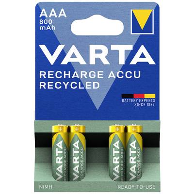 Akumulatory 'Varta Recharge Accu Recycled', rozmiar AAA, 800 mAh, dwie sztuki w opakowaniu blistrowym, podkreślające ideę recyklingu i możliwość wielokrotnego ładowania.