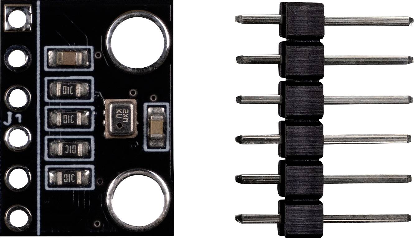 Płytka elektroniczna i złącza pinowe obok siebie. Płytka zawiera kilka małych elementów elektronicznych i punktów lutowniczych.