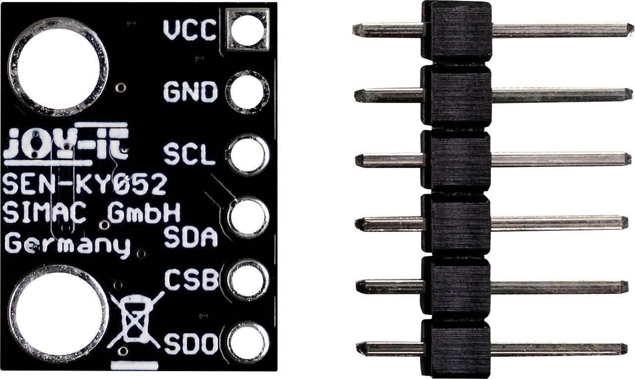 Płytka sensorowa 'SEN-KY052' firmy Joy-It z złączami: VCC, GND, SCL, SDA, CSB, SDO. Po lewej stronie płytka, po prawej sześć listew pinowych.