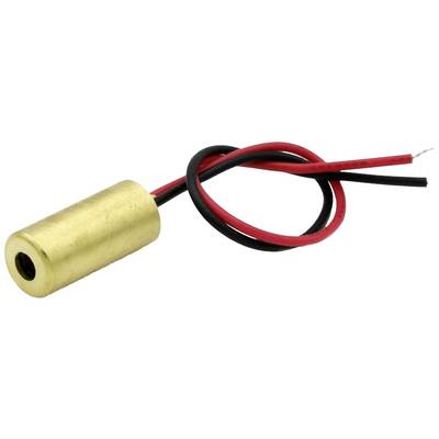 Mały, cylindryczny laser z pozłacaną obudową i podłączonymi czerwonymi i czarnymi przewodami.