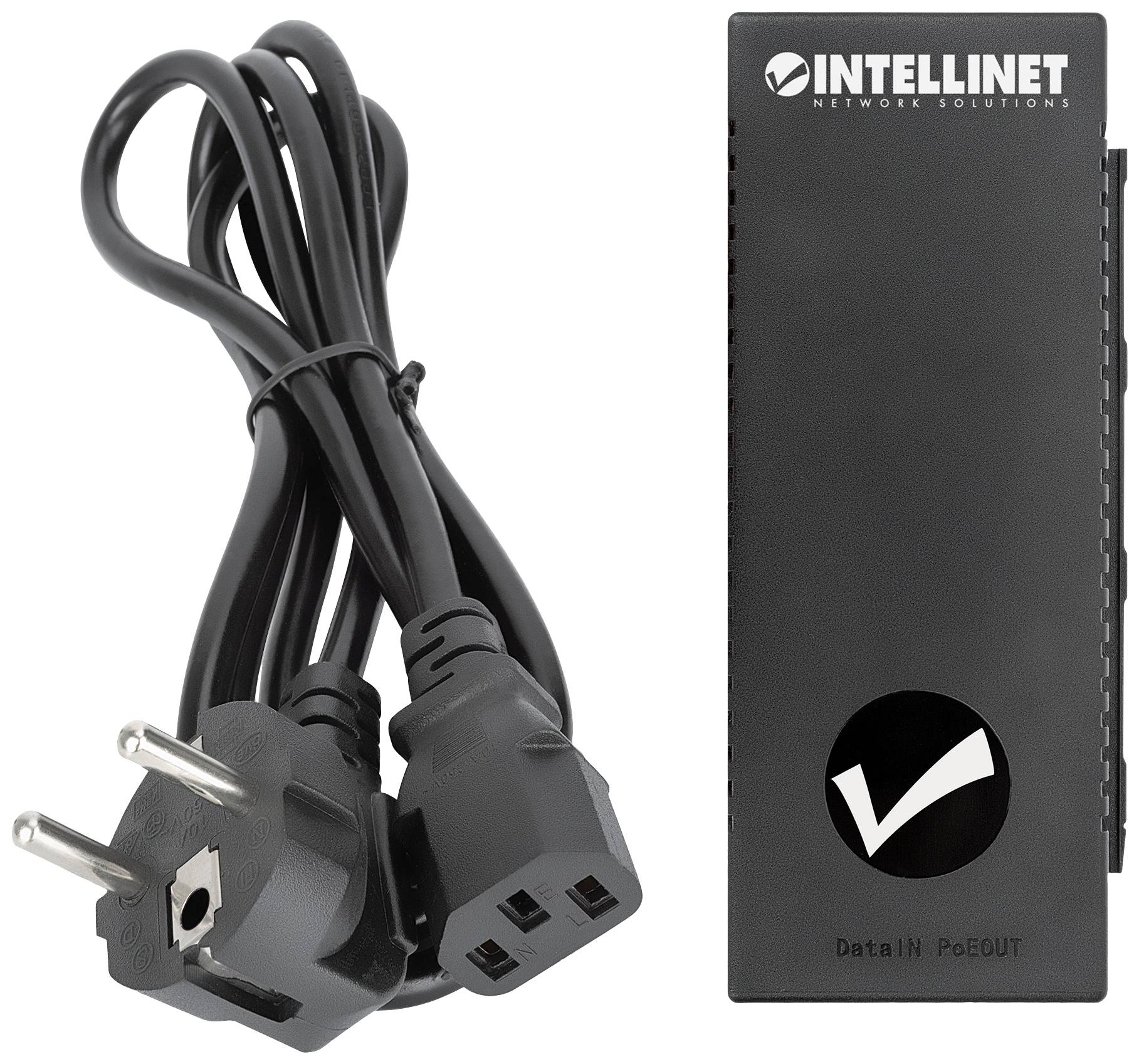 Urządzenie 'Intellinet Network Solutions' z zasilaniem przez Ethernet (Power-over-Ethernet) z kablem sieciowym. Urządzenie jest czarne, prostokątne z oznaczeniami.