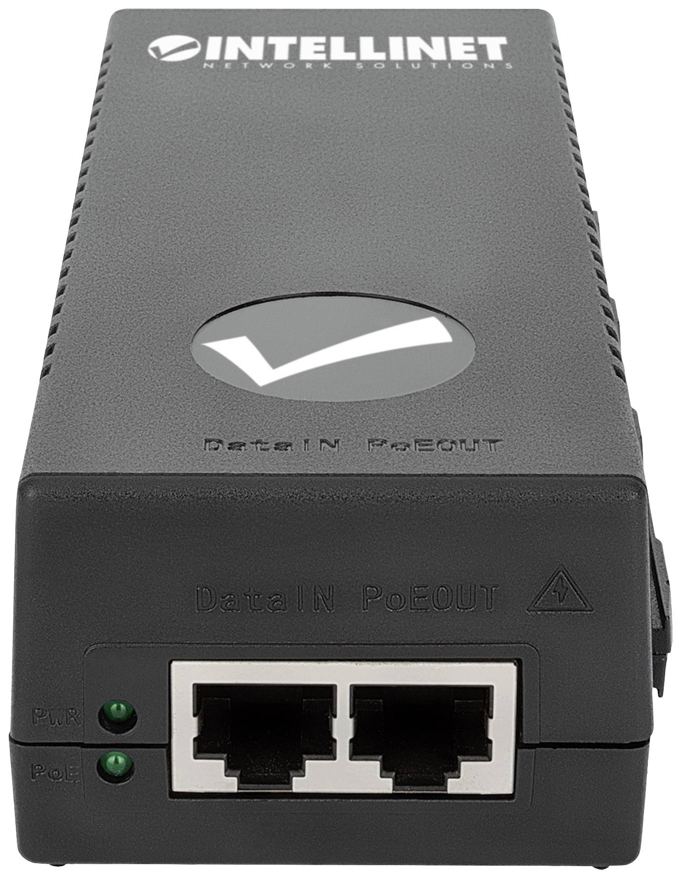 Czarny inżektor PoE Intellinet z dwoma portami Ethernet i dwoma zielonymi wskaźnikami LED. Na górze widoczne jest logo Intellinet.