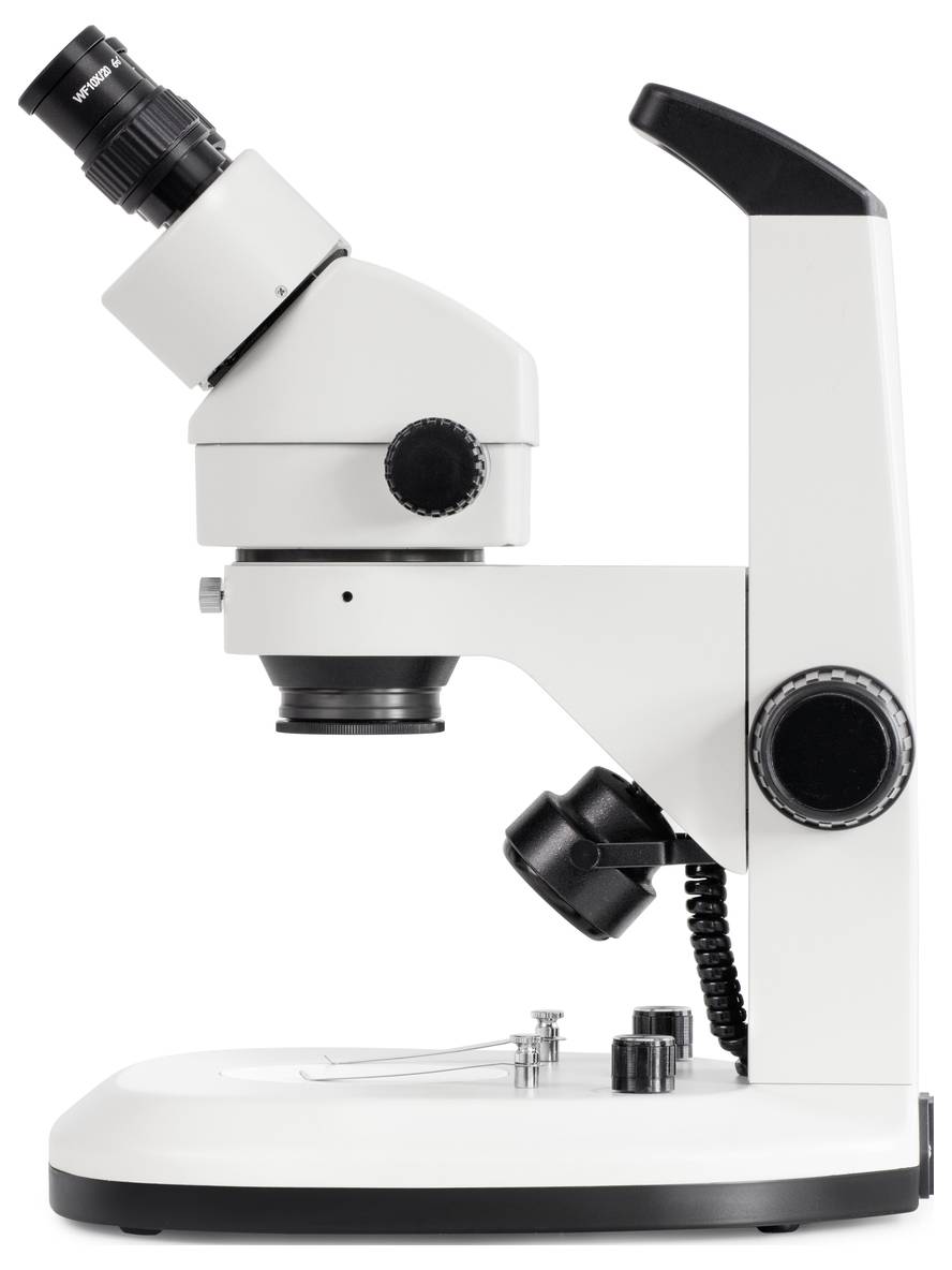 Białe mikroskop stereoskopowy na białym tle. Posiada dwa okulary i jest używany do obserwacji szczegółowych.