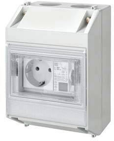 Elektryczny rozdzielacz z przezroczystą pokrywą, z wmontowanym gniazdem elektrycznym i widocznymi z tyłu parametrami technicznymi.