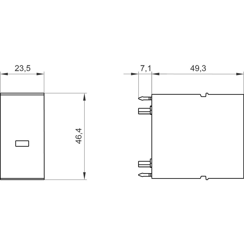 Rysunek techniczny prostokątnego elementu z wymiarami: wysokość 46,4 mm, szerokość 23,5 mm, głębokość 49,3 mm, złącza z boku.
