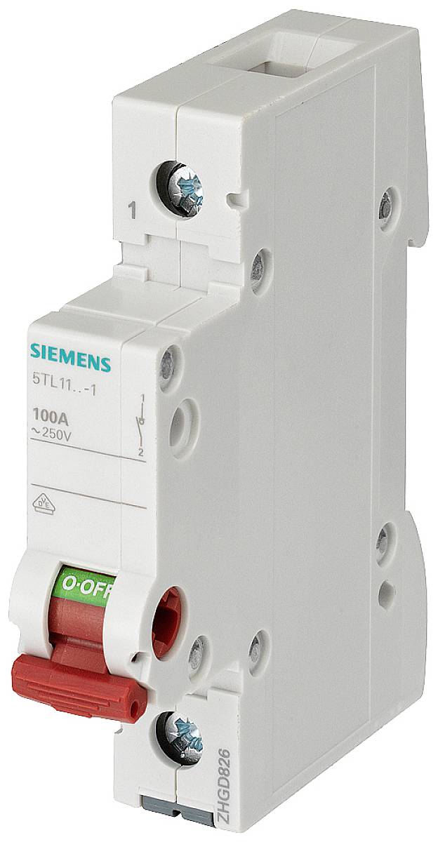 'Siemens 5TL1 wyłącznik nadprądowy, 1-biegunowy, 100A, 250V, z czerwoną dźwignią przełącznika. Urządzenie zabezpieczające do systemów elektrycznych.'