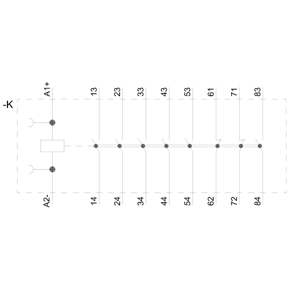 Schemat elektryczny jednostki z wieloma połączeniami do styków na jednej linii, w tym oznaczeniami 'A1+', 'A2-' oraz numerami styków.