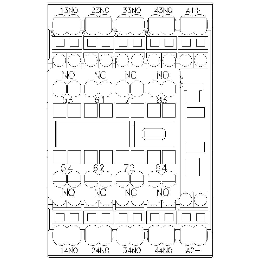 Schemat elektrycznego wyłącznika, pokazujący zaciski z oznaczeniami takimi jak NO, NC oraz numerami do podłączenia i instalacji.