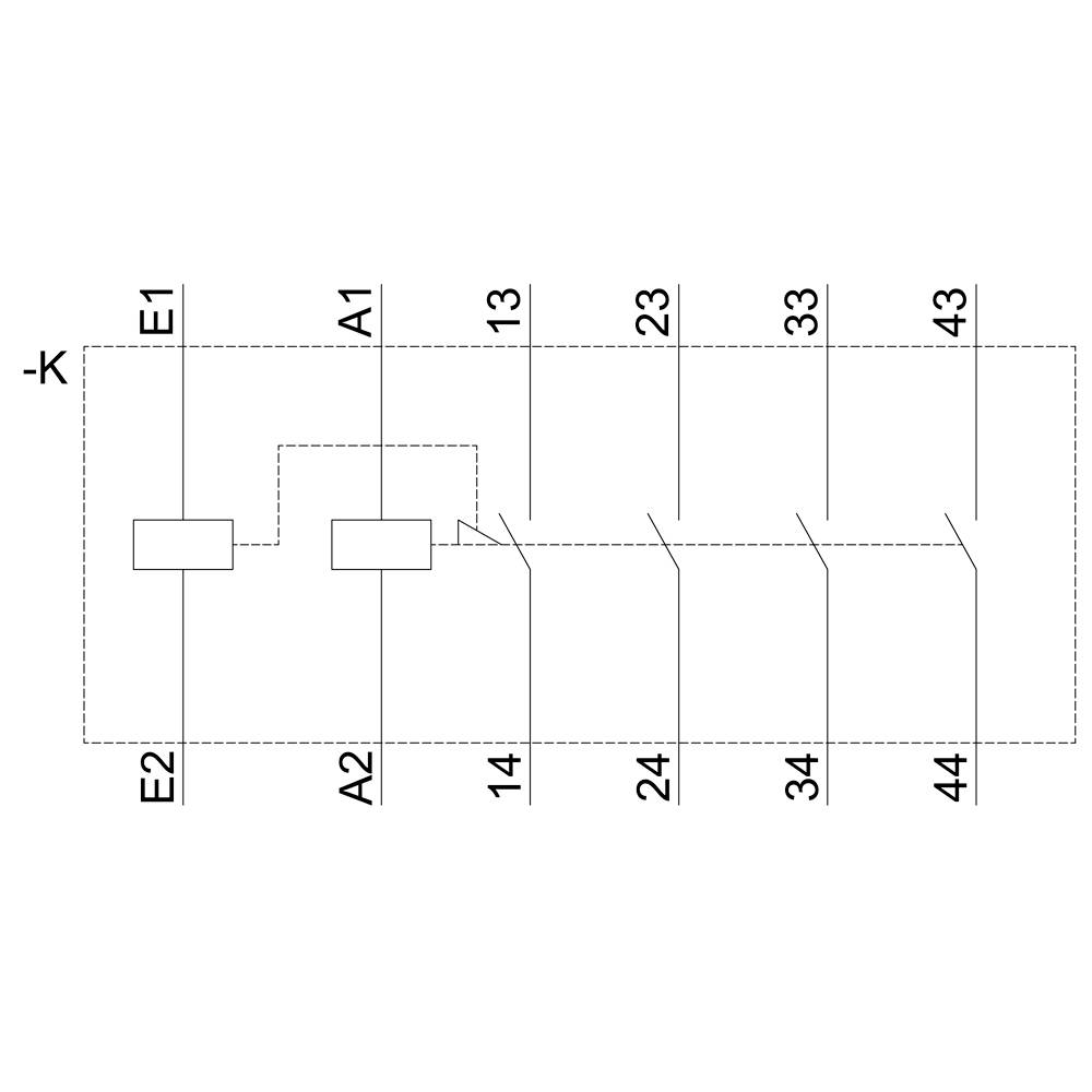 'Diagram przekaźnikowy: E1 i A1 połączone, dalsze numeracje E2, A2, 13, 23, 33, 43, 14, 24, 34, 44 bez połączeń.'