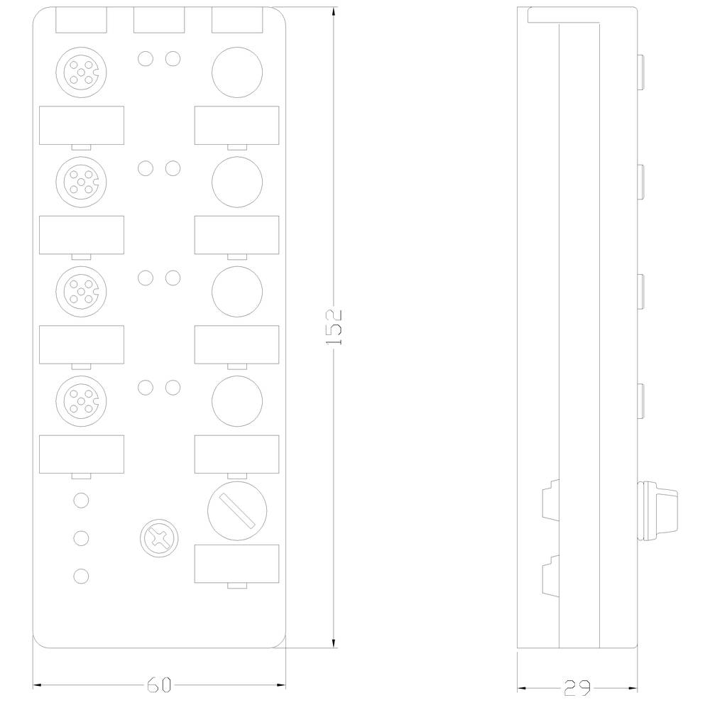 Rysunek techniczny prostokątnego rozdzielacza wtykowego z wymiarami: szerokość 60 mm, wysokość 152 mm, głębokość 29 mm, przedstawiający złącza i widok z boku.