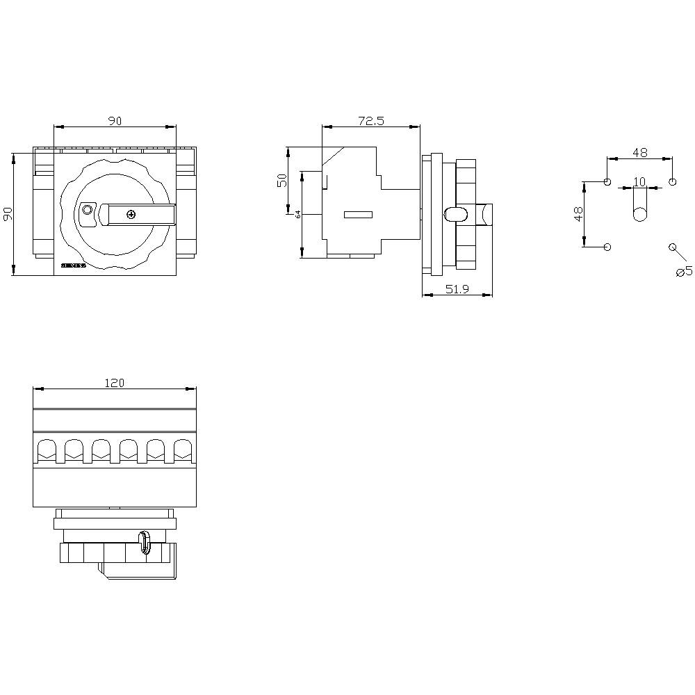 Rysunek techniczny: Różne widoki części mechanicznej z wymiarami w milimetrach, przedstawiający widok z przodu, z boku oraz z góry.