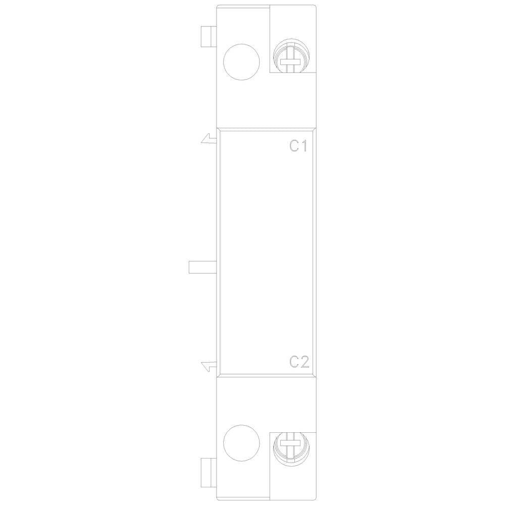 Rysunek strukturalny elementu elektrycznego z dwoma okrągłymi złączami, oznaczonymi jako C1 i C2, oraz prostokątem centralnym.