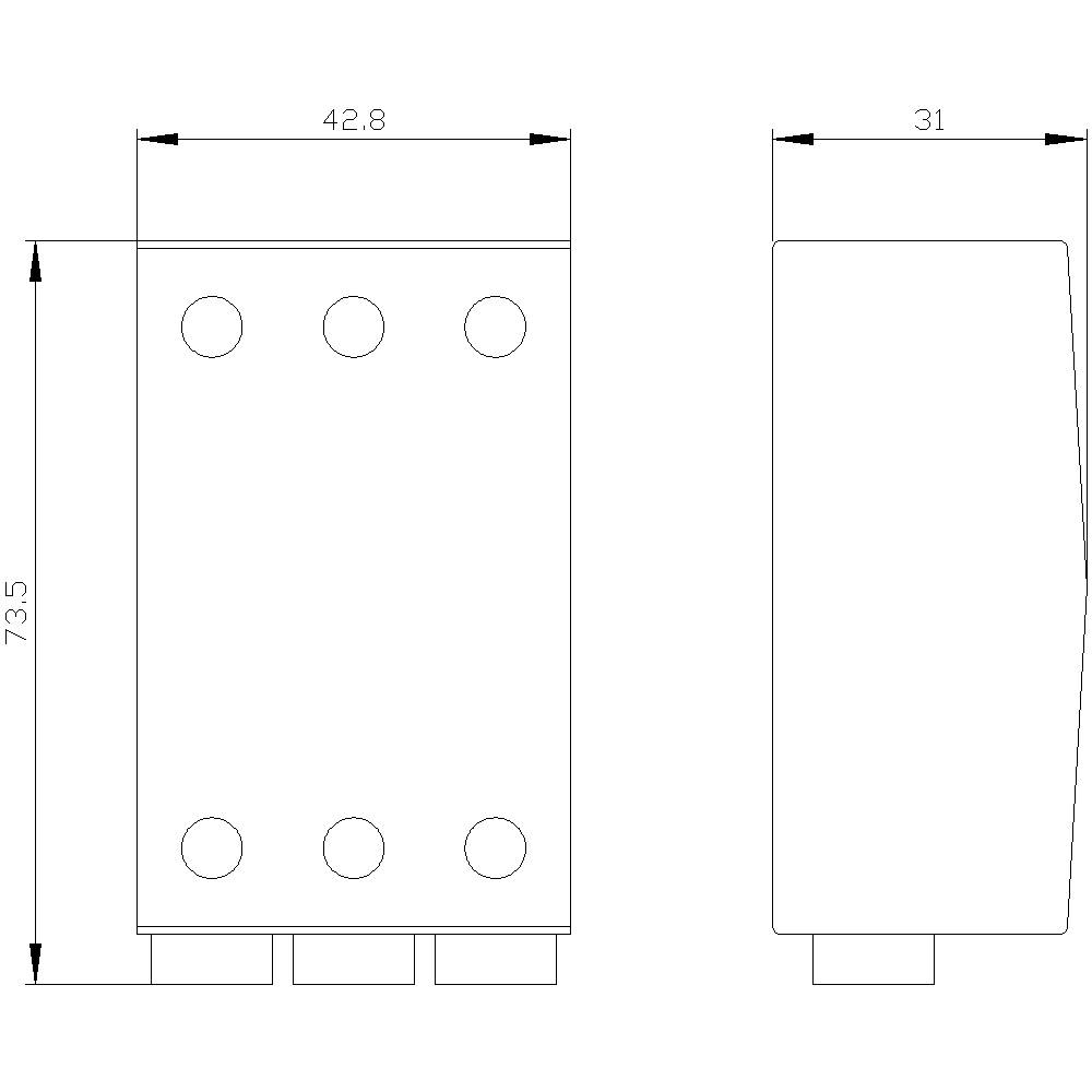 Rysunek techniczny prostokątnego elementu z wymiarami: szerokość 42,8 mm, głębokość 31 mm, wysokość 73,5 mm. Widok z przodu i z boku.