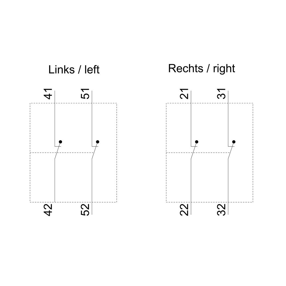 Diagram przedstawia dwa prostokątne schematy elektryczne. Po lewej stronie: 41 do 42, 51 do 52. Po prawej stronie: 21 do 22, 31 do 32. Prezentacja połączeń.