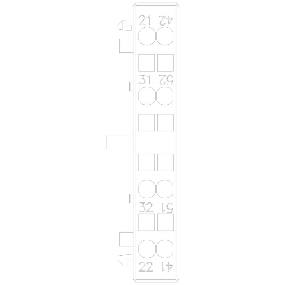 Techniczny schemat listwy zasilającej z ponumerowanymi gniazdami: 21, 22, 31, 32, 41, 42, 51, 52.