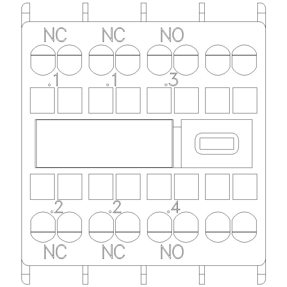 Rysunek techniczny przekaźnika z zaciskami. Górne zaciski oznaczone jako NC, dolne jako NO. Przypominający 12-stykowy układ z wyróżnionymi istotnymi komponentami.