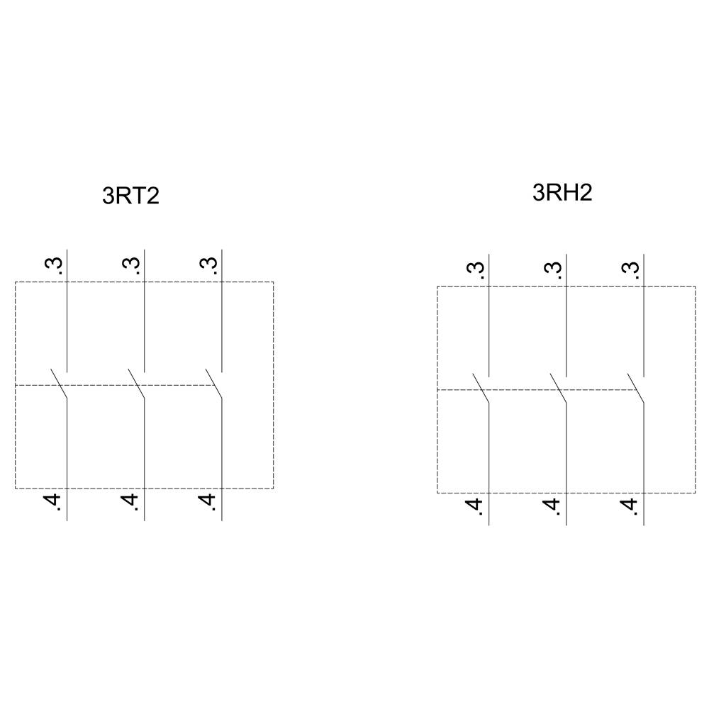 Schemat z dwoma symbolami: Po lewej stronie '3RT2' z zaciskami 3-4, po prawej stronie '3RH2' z zaciskami 3-4, oba z przekreślonymi połączeniami.
