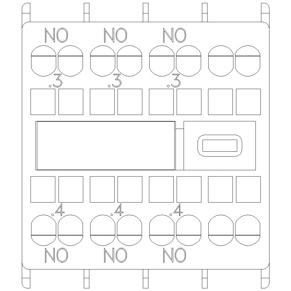 Techniczny diagram elektronicznego podzespołu z wieloma gniazdami i oznaczonymi stykami: NO, 0,3 oraz 0,4.
