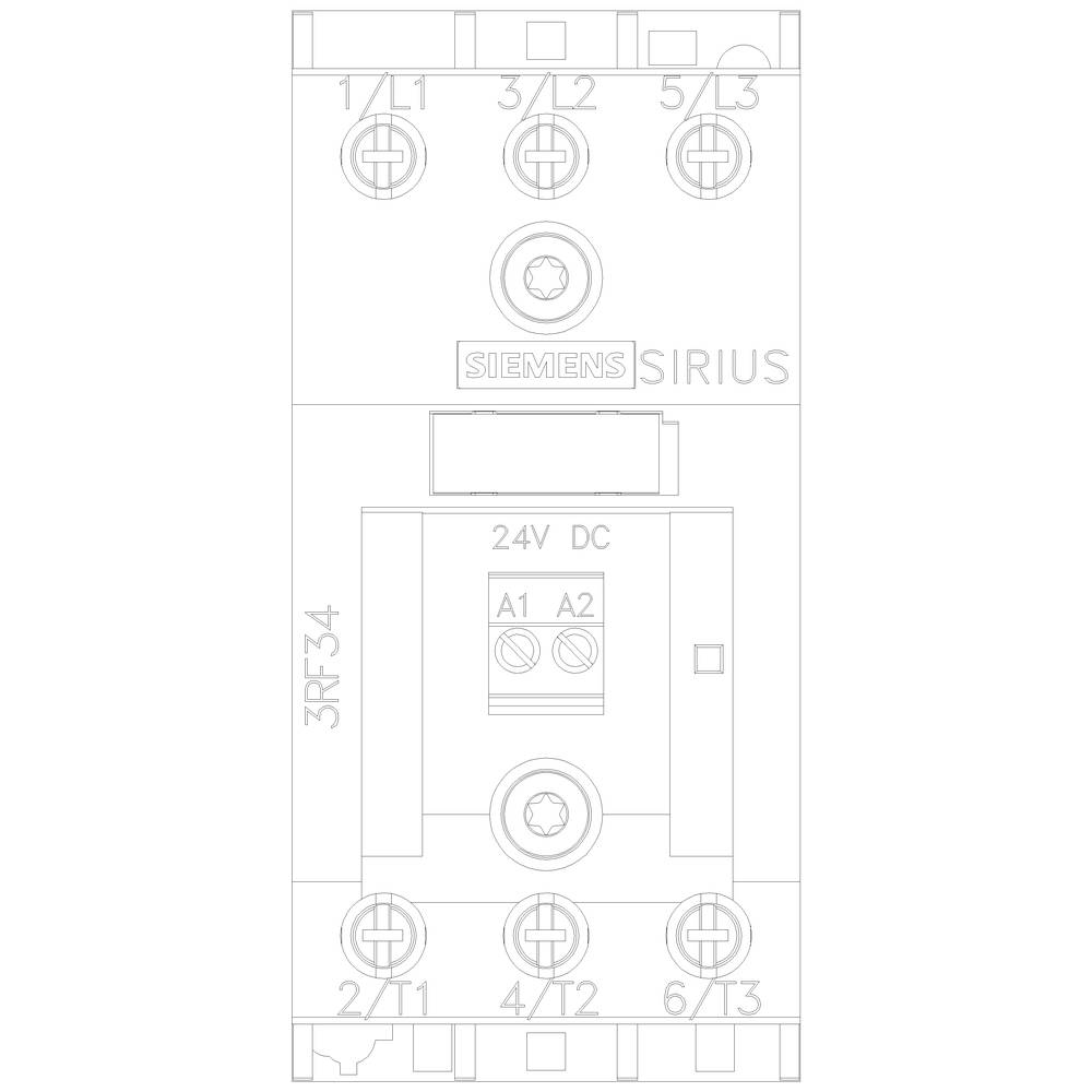 Urządzenie ochronne Siemens Sirius, przedstawione jako szkic techniczny. Oznaczone są zaciski L1/L2/L3 oraz A1/A2, napięcie robocze 24V DC.