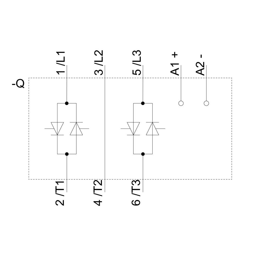 Schemat elektryczny prostownika trójfazowego z trzema parami diod dla faz L1, L2 i L3. Zaciski: T1, T2, T3, A1+, A2-.