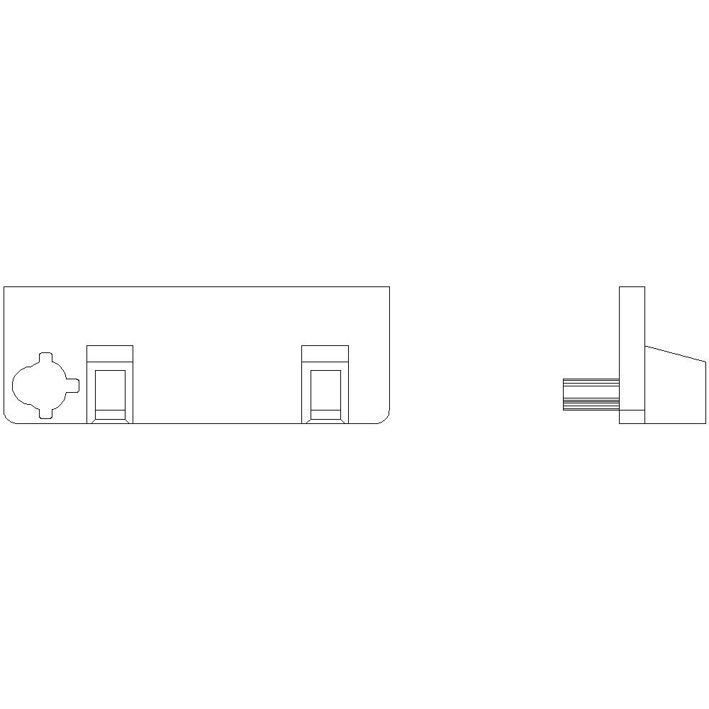 Rysunek techniczny prostokątnego elementu z dwoma widokami. Po lewej stronie widoczne są dwa otwory, po prawej stronie przekrój ukazuje szczegóły.