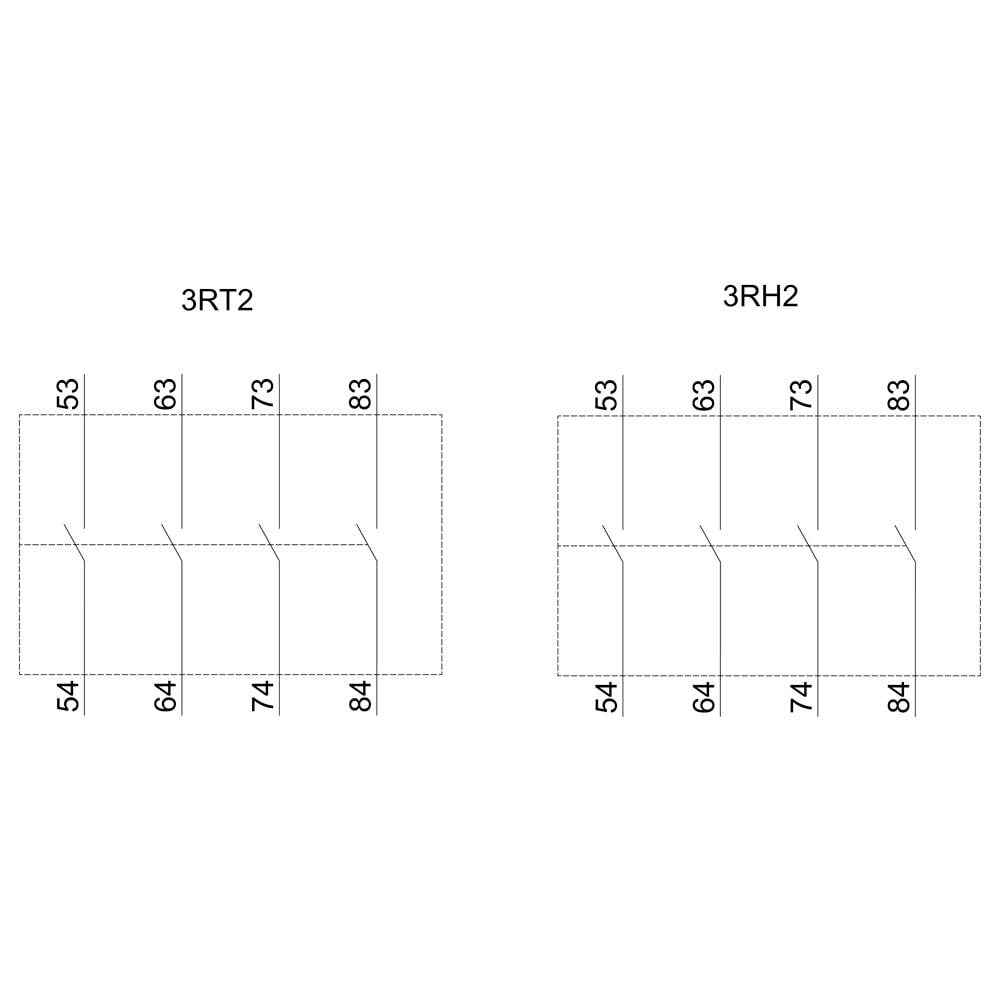 Schemat elektryczny w dwóch kolumnach: Po lewej stronie '3RT2' z połączeniami 53/54, 63/64, 73/74; po prawej stronie '3RH2' z połączeniami 53/54, 63/64, 73/74, 83/84.
