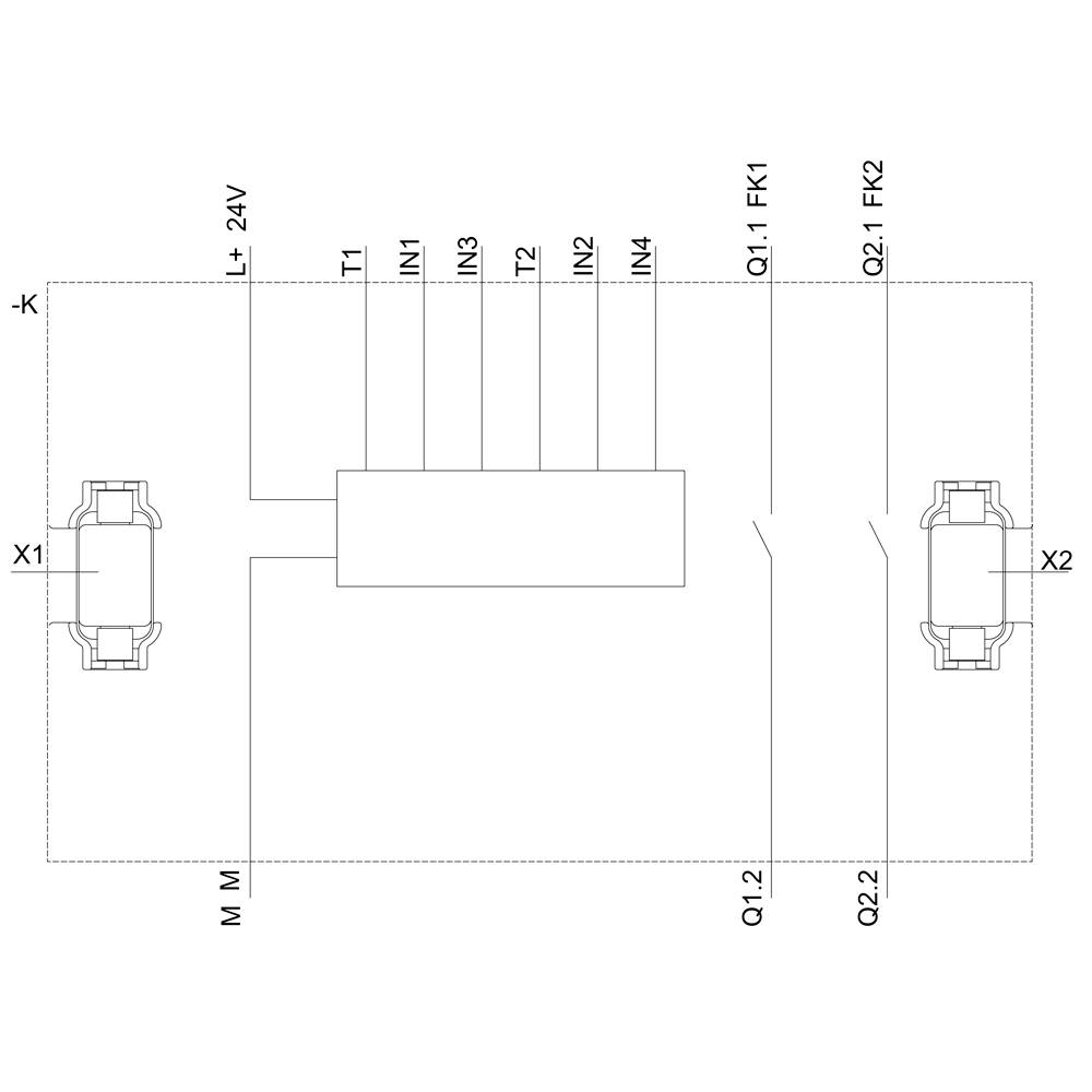'Schematyczny rysunek obwodu elektrycznego z dwoma przełącznikami (X1, X2), czterema zaciskami (T1-T2, IN1-IN4) oraz dwoma bezpiecznikami (Q1-FK1, Q2-FK2).'