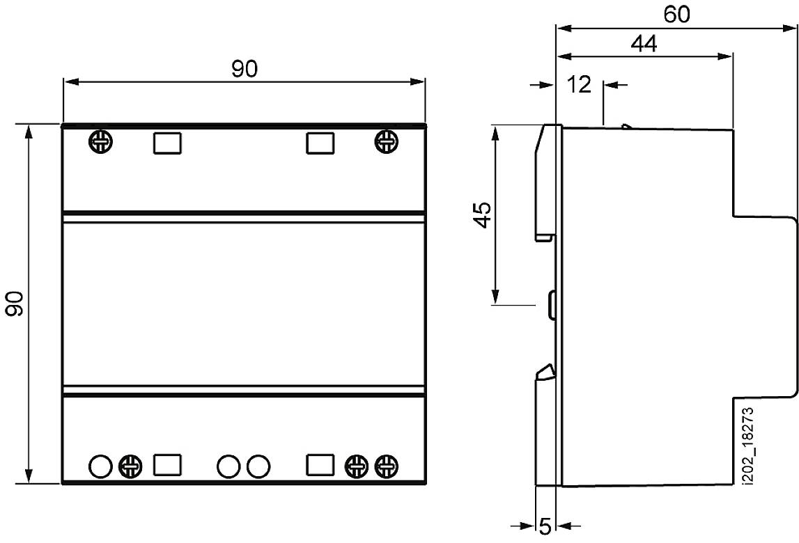 Rysunek techniczny elementu elektronicznego. Widok z przodu przedstawia prostokątny kształt o wymiarach 90x90 mm. Widok z boku ma 60 mm głębokości. Jednostki miary podane w mm.