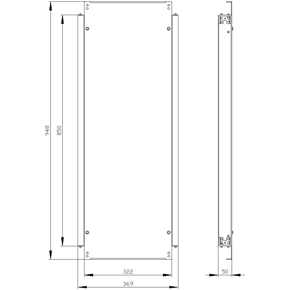 Plan techniczny prostokątnego elementu metalowego. Wymiary wynoszą 350 mm i 50 mm szerokości, z otworami montażowymi i punktami mocowania.