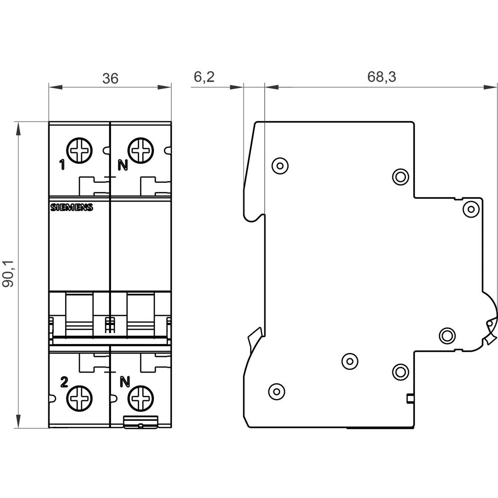 Diagram elementu elektrycznego z wymiarami: 90,1 mm x 68,3 mm x 36 mm. Przedstawia widok przedni i boczny wraz z obwodami elektrycznymi.