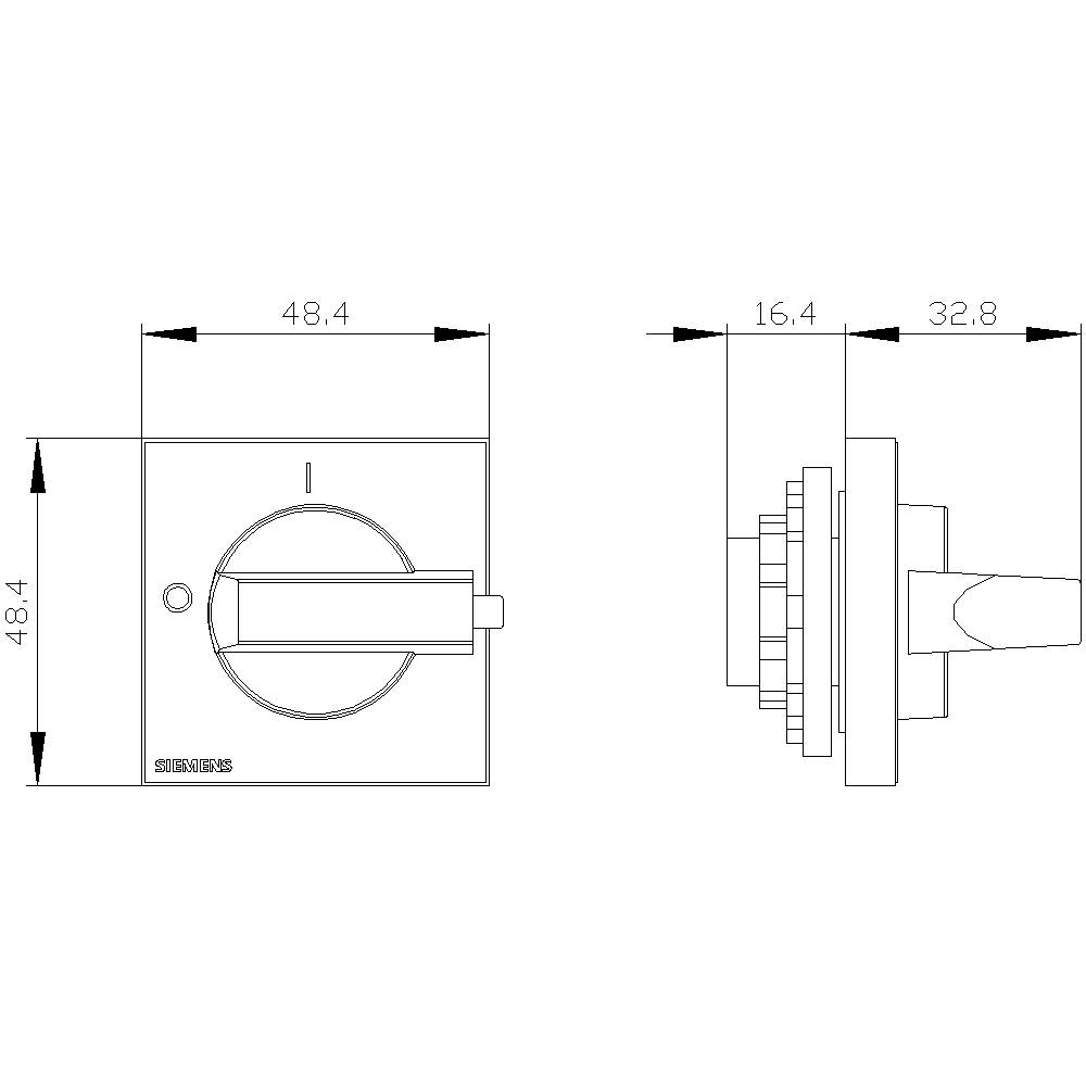 Rysunek techniczny kwadratowego przycisku prysznicowego o wymiarach 48,4 mm x 48,4 mm z widokiem bocznym o głębokości 16,4 mm.