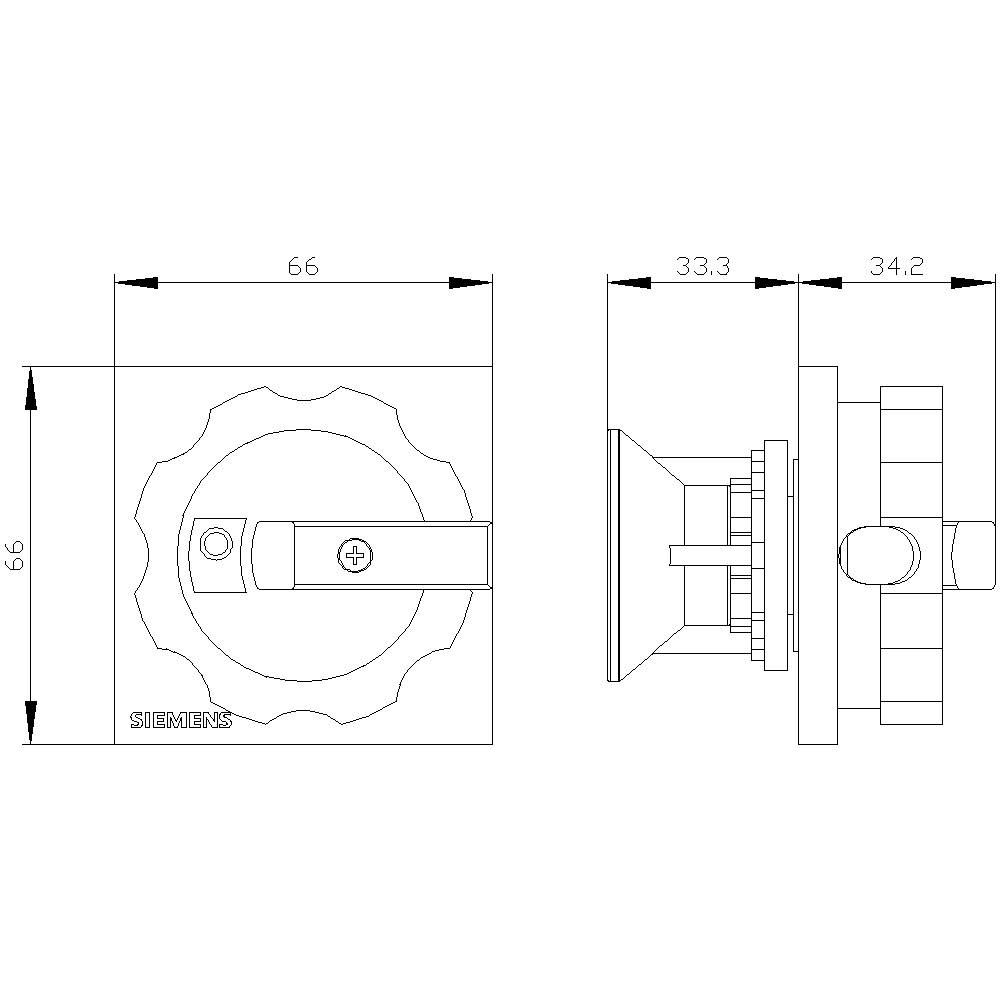 'Rysunek techniczny przełącznika. Po lewej: widok z góry z widokiem czołowym. Po prawej: widok z boku z wymiarami w milimetrach.'