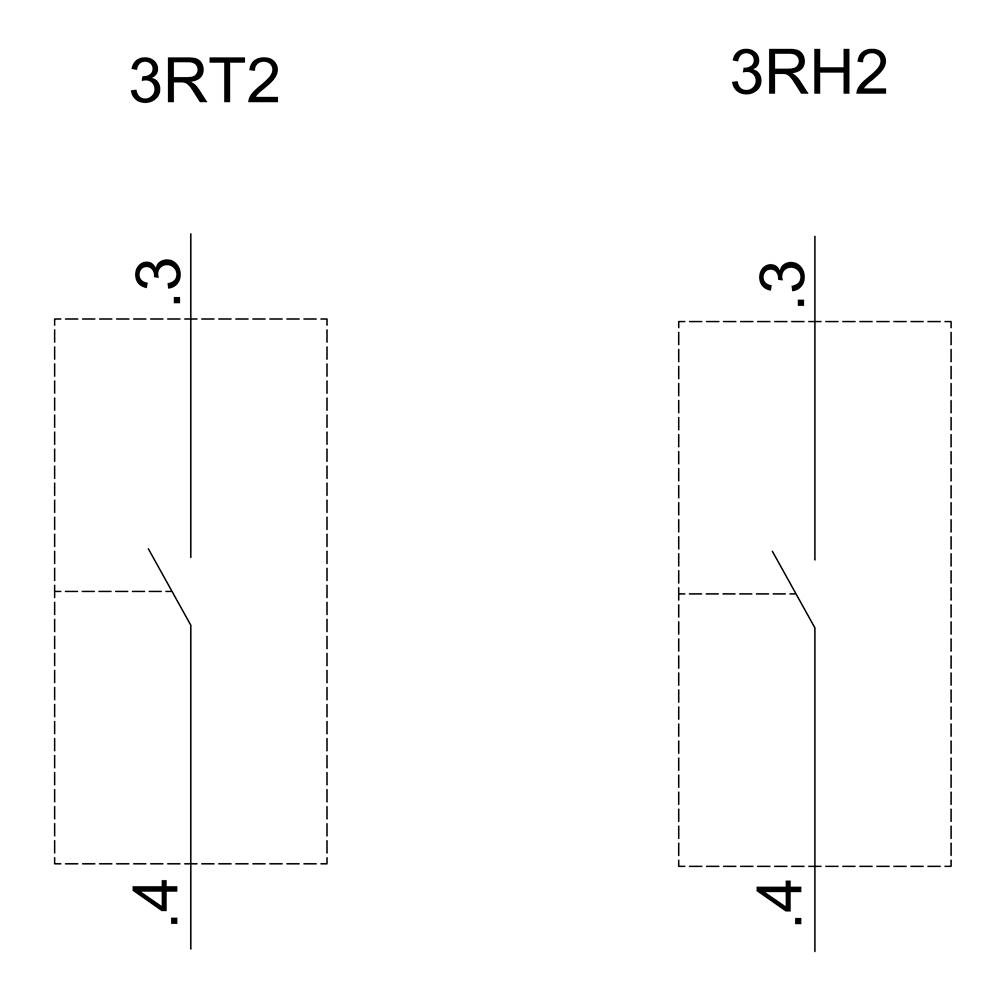 Schematy '3RT2' i '3RH2' przedstawiają diagramy elektryczne. Oba diagramy składają się z pionowych i poziomych linii z punktami, które oznaczają styki.