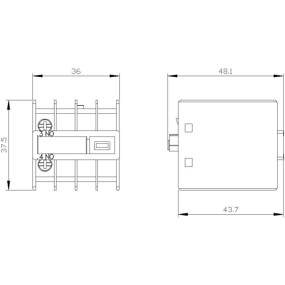 Rysunek techniczny elektrycznego przekaźnika, przedstawiający widok z boku i z przodu z wymiarami: 36x48,1x43,7 mm, z oznaczonymi połączeniami.