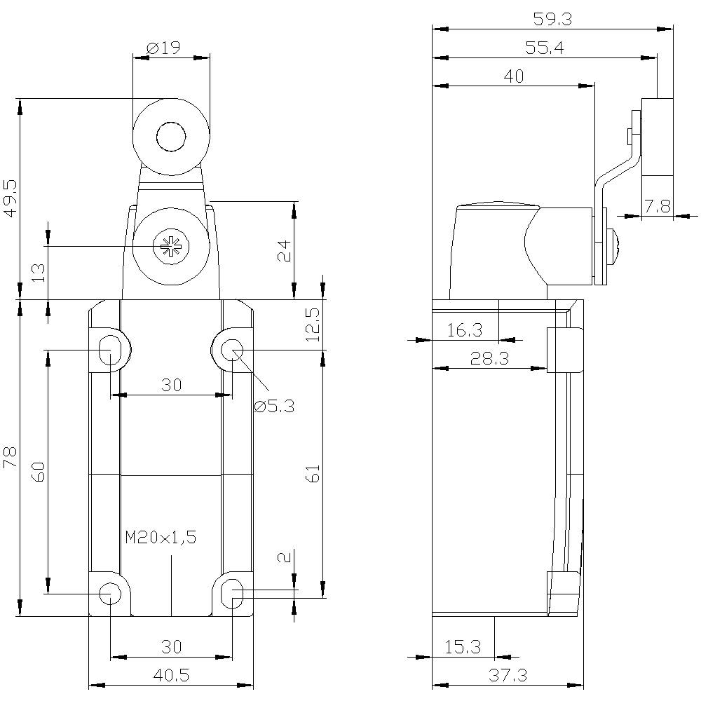 Rysunek techniczny elektrycznego przełącznika z wymiarami w milimetrach, widok z boku i z przodu. Główne wymiary: 78 mm wysokości, 47 mm szerokości.