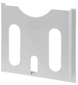 Biały, pionowy plastikowy uchwyt z trzema dużymi owalnymi otworami, odpowiedni do przechowywania lub mocowania płaskich przedmiotów.