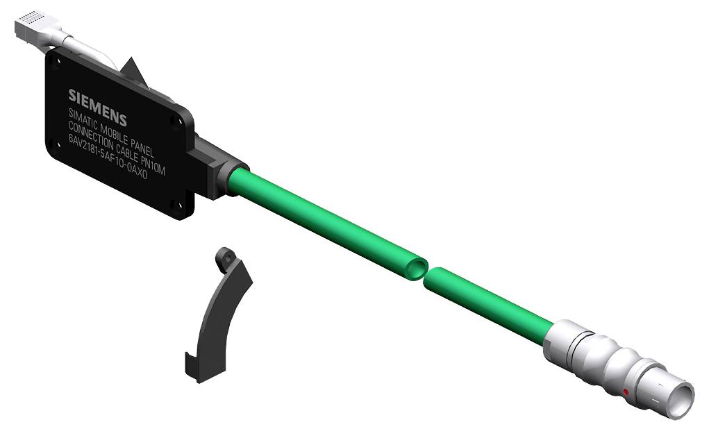 Kabel złącza Siemensa z zieloną osłoną i metalicznym wtykiem, ukośnie ukierunkowany do integracji z panelem. Pokazana jest osobna mała czarna wspornika.