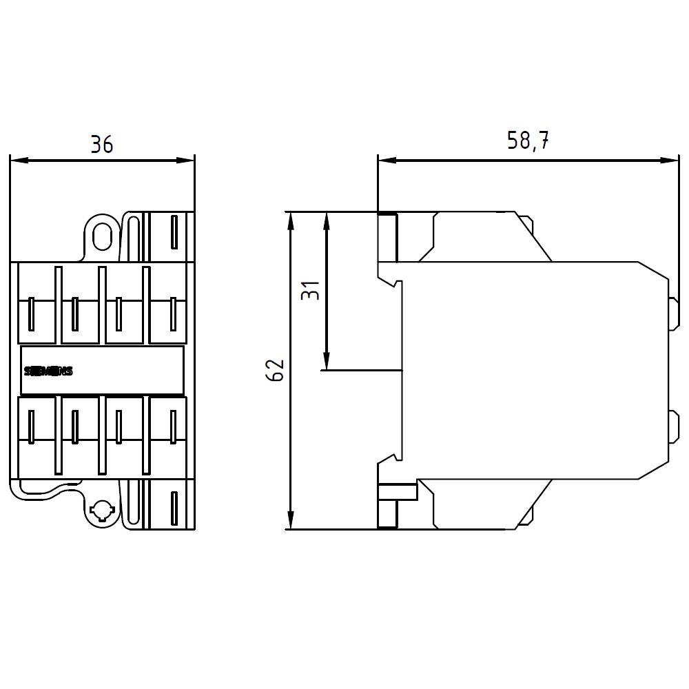 Rysunek techniczny elementu elektronicznego z wymiarami: szerokość 36 mm i 58,7 mm, wysokość 62 mm, głębokość 31 mm.