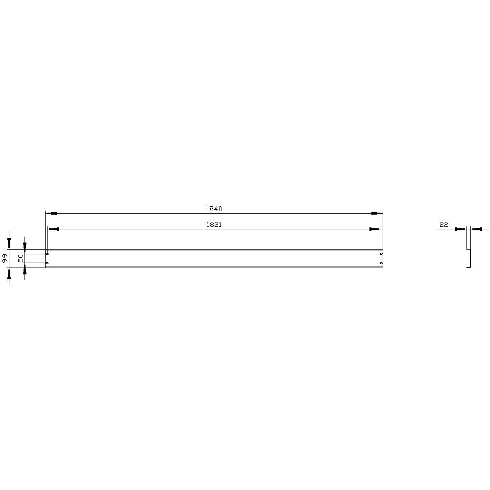Rysunek techniczny prostokątnego obiektu o wymiarach: długość 1821 mm, szerokość 50 mm, wysokość 22 mm.